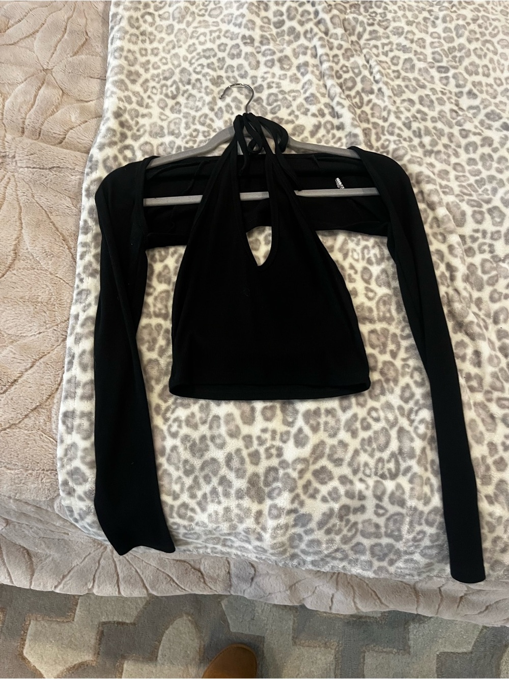 Nasty Gal Black Halter Crop Top with Long-Sleeve Bolero (S)